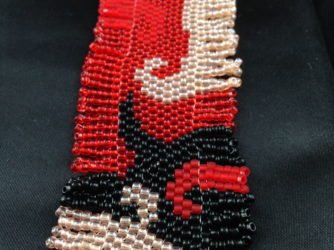 Red, Black & Pink Patterned Peyote Bracelet with Fringe