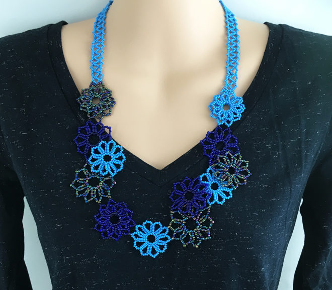 Blue Beaded Flower Necklace