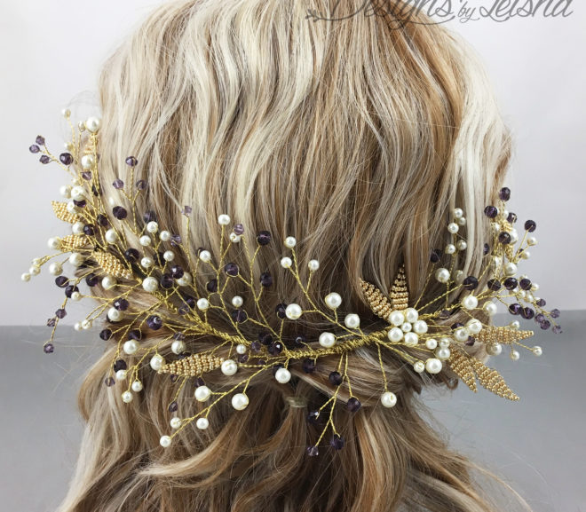 Gold, purple, white hair accessory