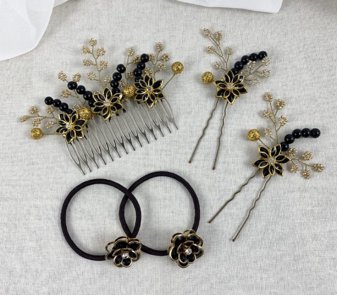 Black & Gold Flower Hair Set